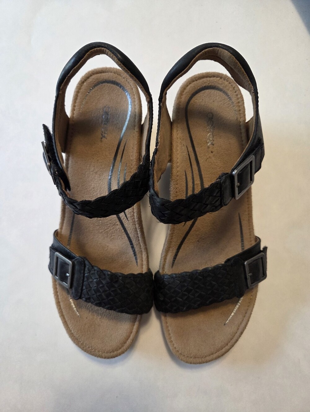 Aetrex Grace Adjustable Woven Wedge Sandals, Black US Size 8.5, Buckle Accent